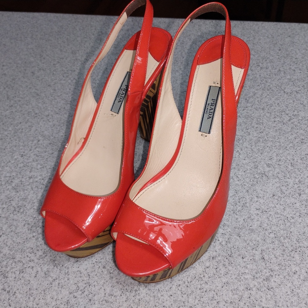 Peach Prada pumps